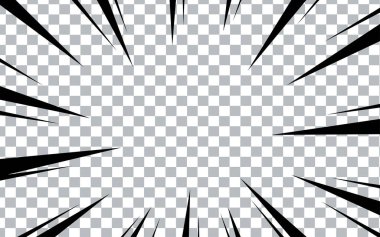 Şeffaf arkaplanda çizgi roman radyal çizgileri. Manga hız çerçeveleri, süper kahraman hareketi. Siyah ve beyaz vektör gösterimi