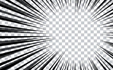 Şeffaf arkaplanda çizgi roman radyal çizgileri. Manga hız çerçeveleri, süper kahraman hareketi. Siyah ve beyaz vektör gösterimi