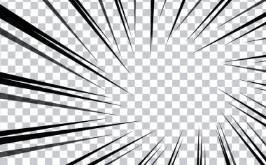 Şeffaf arkaplanda çizgi roman radyal çizgileri. Manga hız çerçeveleri, süper kahraman hareketi. Siyah ve beyaz vektör gösterimi