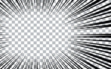 Şeffaf arkaplanda çizgi roman radyal çizgileri. Manga hız çerçeveleri, süper kahraman hareketi. Siyah ve beyaz vektör gösterimi