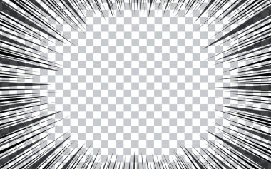 Şeffaf arkaplanda çizgi roman radyal çizgileri. Manga hız çerçeveleri, süper kahraman hareketi. Siyah ve beyaz vektör gösterimi