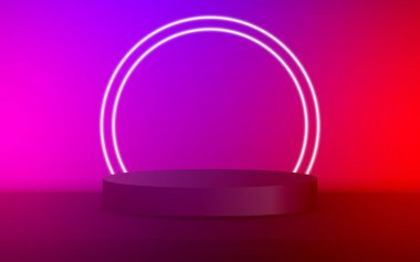 3D yuvarlak podyum arka planı. Minimalist bir dizaynda soyut geometrik kompozisyon. Stüdyo ürün tabanı, moda sahnesi.