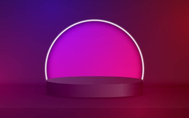 Arka planında modern bir podyum olan bir platform tabanı. Boş bir sergi sahnesi ya da boş ürün rafları için bir fon. 3B görüntüleme.