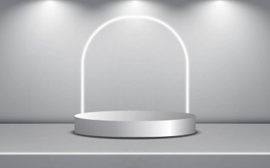 Stüdyo şablonu ve sade bir arka planı ve spot ışıkları olan ürün rafları olan yuvarlak bir kaide. Reklam için boş bir stüdyo podyumu. 3B görüntüleme.
