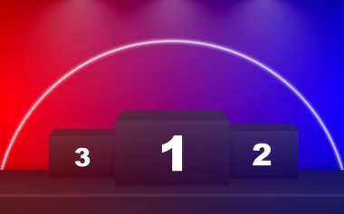 Üç standı olan bir şampiyon podyumu. Sahne 1, 2, ve 3 kazananlar podyumu. Sahne ışıklarıyla kazanan podyum.