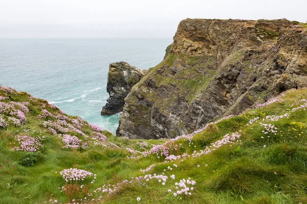 Coastal view and cliffs of Hells Mouth Bay in Cornwall, UK