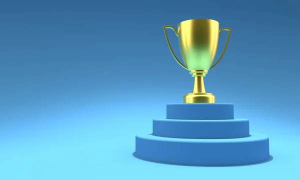 Победитель кубка на голубом подиуме. 3d-рендеринг — стоковое фото