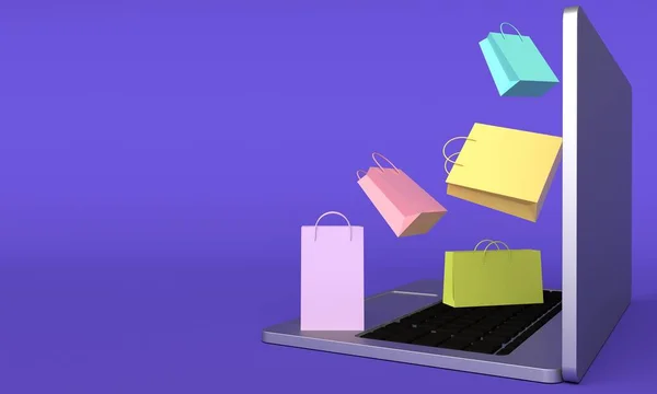 Colorful shopping bags are flying out of the laptop. 3d rendering — Stock Photo, Image