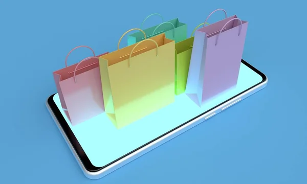 Bolsas de compras coloridas en el teléfono móvil. renderizado 3d —  Fotos de Stock