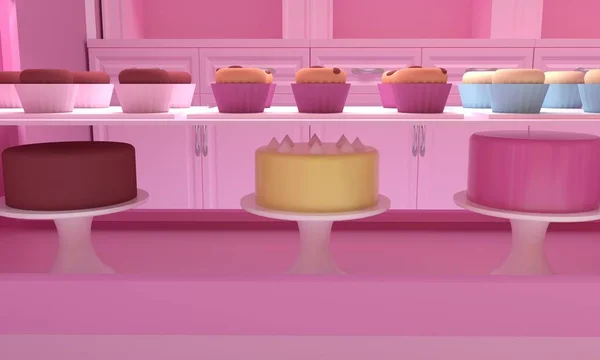 Cake and cupcake. 3d rendering — Stock Photo, Image