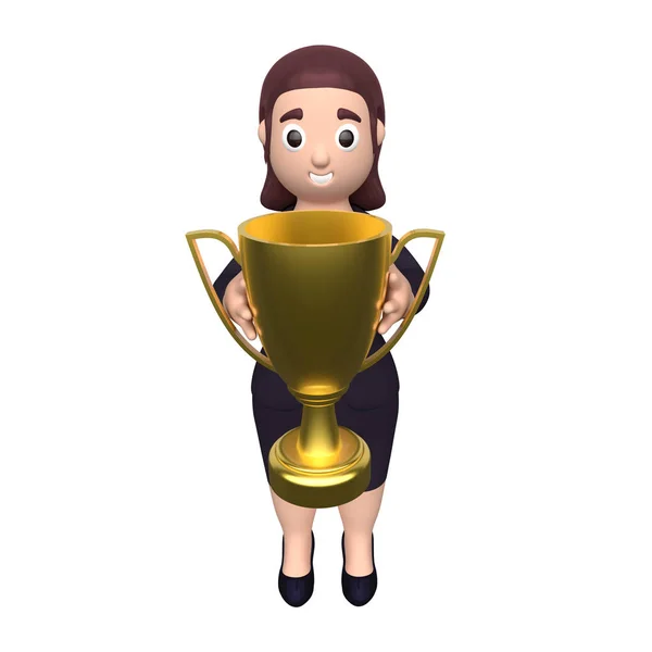 La mujer de negocios sostiene la copa ganadora. renderizado 3d — Foto de Stock