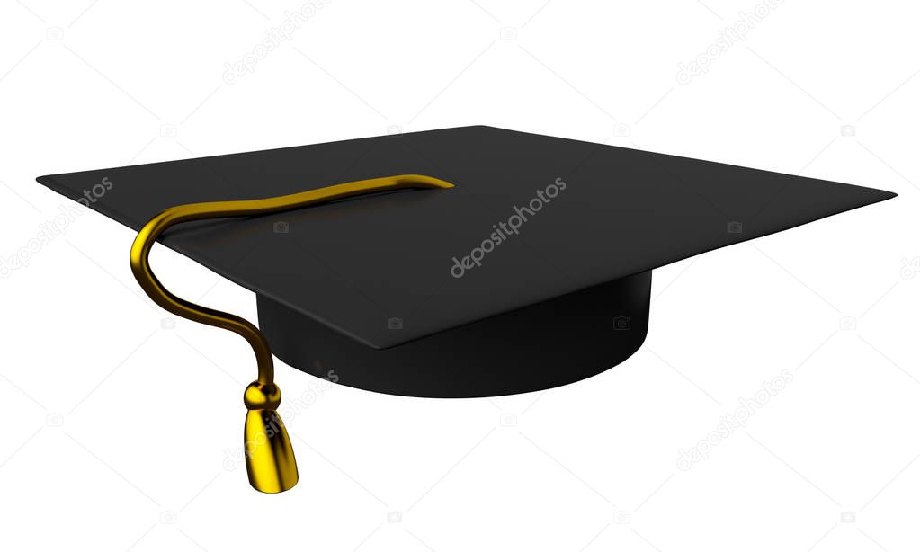 Graduate cap on white background. 3d rendering