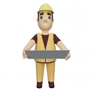 İşçi bir inşaat planı tutuyor. 3B işleme