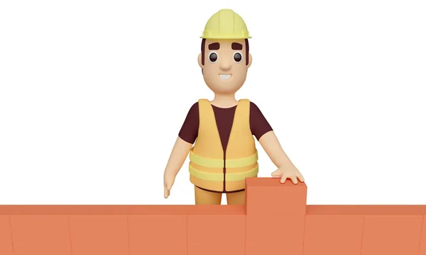 O trabalhador constrói uma parede de tijolos. Renderização 3d — Fotografia de Stock