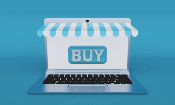 Laptop showcase with buy button. 3d rendering — Stock Photo, Image