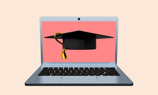 Open Laptop and Graduate Cap. 3d rendering — Stock Photo, Image