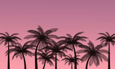Palmiye ağaçları pembe gökyüzüne karşı. Romantik gün batımı. 3d render