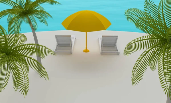 Ilha tropical com cadeira de praia e guarda-chuva. Renderização 3d — Fotografia de Stock