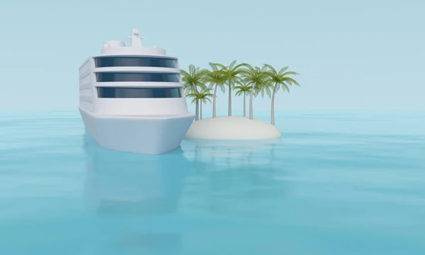 Круизный корабль в океане возле тропического острова. 3d-рендеринг — стоковое фото