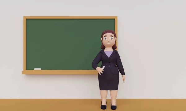 Lehrerin im Klassenzimmer neben der Schultafel. 3D-Darstellung — Stockfoto