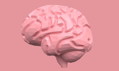 Pembe arka planda düşük poli insan beyni. 3d render