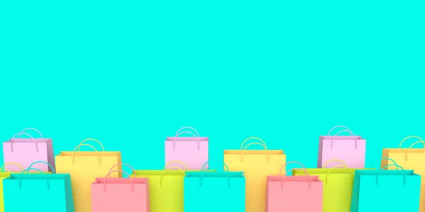 Bolsas de compras de colores sobre fondo azul. renderizado 3d — Foto de Stock