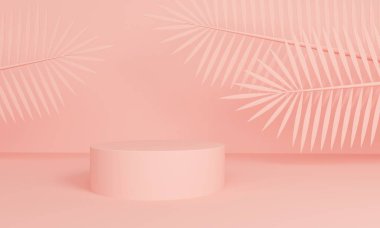 Palmiye yaprakları ve platform ile Geometrik pembe soyut arka plan. 3d render