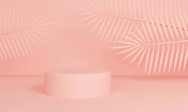 야자수 잎과 플랫폼 기하학적 핑크 추상적 인 배경. 3D 렌더링 — 스톡 사진