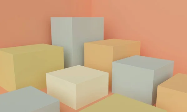 Geometrický oranžový abstrakt s barevnými krychlemi. prostorové vykreslování — Stock fotografie