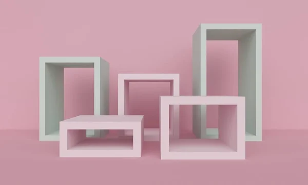 Luz geométrica rosa fundo abstrato com plataforma quadrada. Renderização 3d — Fotografia de Stock