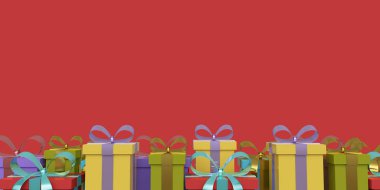 Kırmızı arka planda tebrik kartı hediye kutuları. 3d render