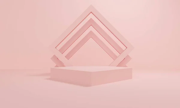 Fundo abstrato rosa geométrico com plataforma quadrada e moldura. Renderização 3d — Fotografia de Stock