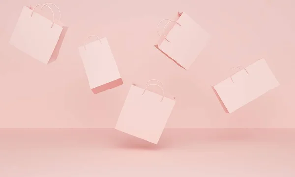 Różowe tło z latającymi torby na zakupy. Renderowanie 3D — Zdjęcie stockowe
