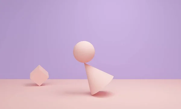 Γεωμετρικό λιλά αφηρημένο φόντο με ροζ σχήματα σε ισορροπία. απόδοση 3D — Φωτογραφία Αρχείου