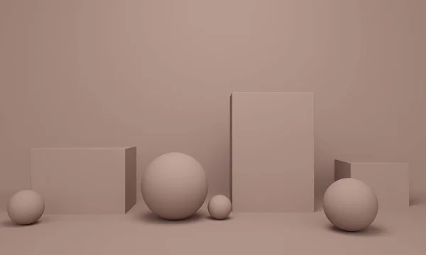 Fundo abstrato marrom claro geométrico com plataforma quadrada e bolas. Renderização 3d — Fotografia de Stock