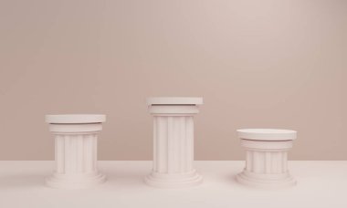 Eski sütun platformları ile bej soyut arka plan. 3d render