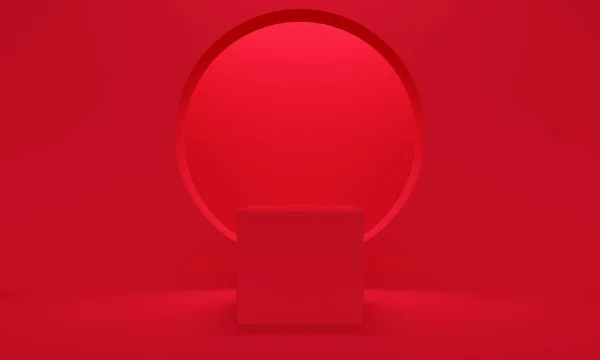 Fundo vermelho abstrato com plataforma quadrada e janela. Renderização 3d — Fotografia de Stock