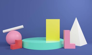 Geometrik parlak elemanları ve platform ile soyut kompozisyon. 3d render