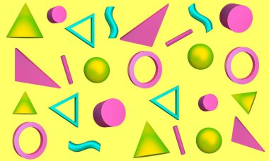 Parlak küre, üçgen, dalga ve koniler ile soyut sarı arka plan. 3d render