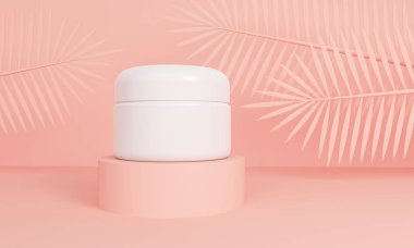 Pembe bir platformda cilt için Mockup ambalaj kremi. 3d render