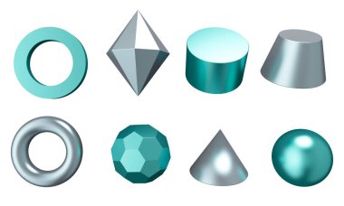 Metal grafik elemanları kümesi. Küre, kristal ve koni. 3d render