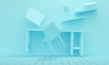 Mavi iç döşeme ve uçan mobilyalar. Ev işyerinde. 3d oluşturma