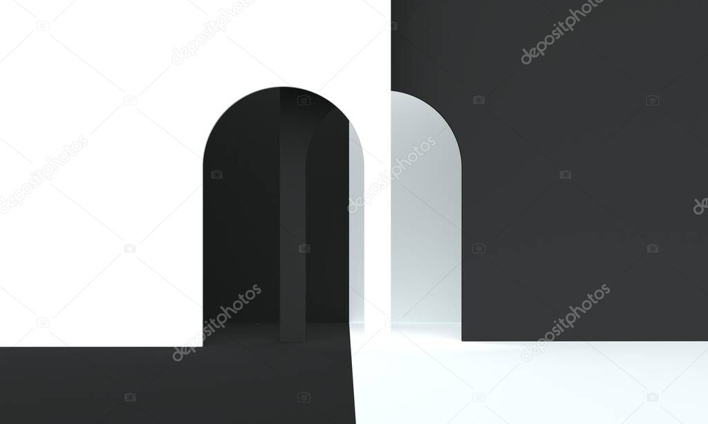 Interior black and white arch. Backdrop design for product promotion. 3d rendering