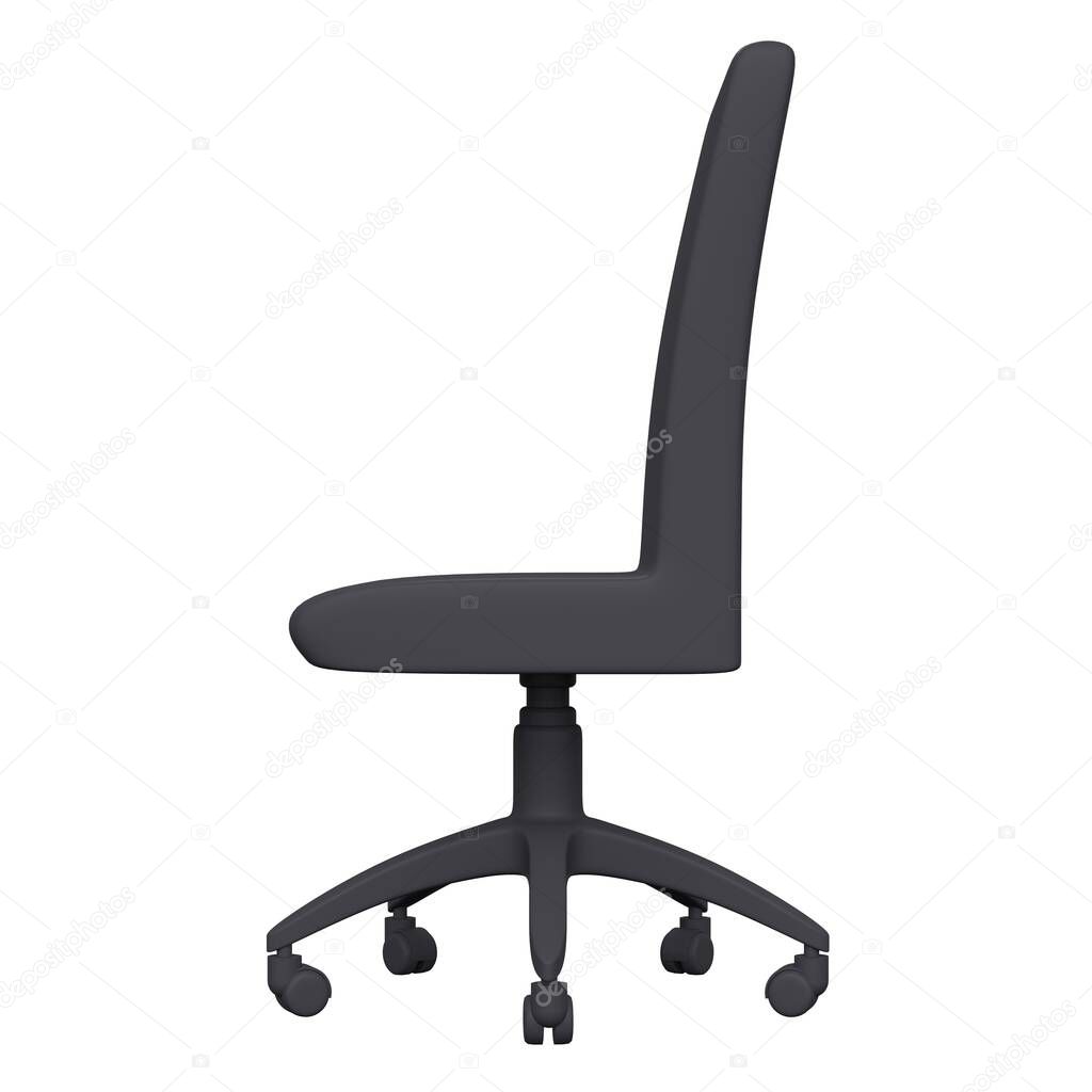 Black office chair with wheels on a white background. Side view. 3d rendering