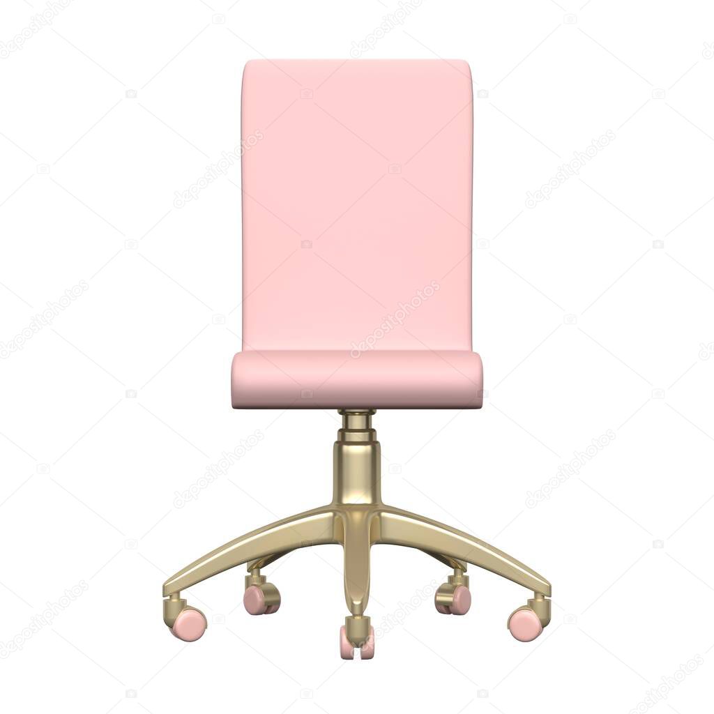 Pink and gold chair with wheels on a white background. 3d rendering