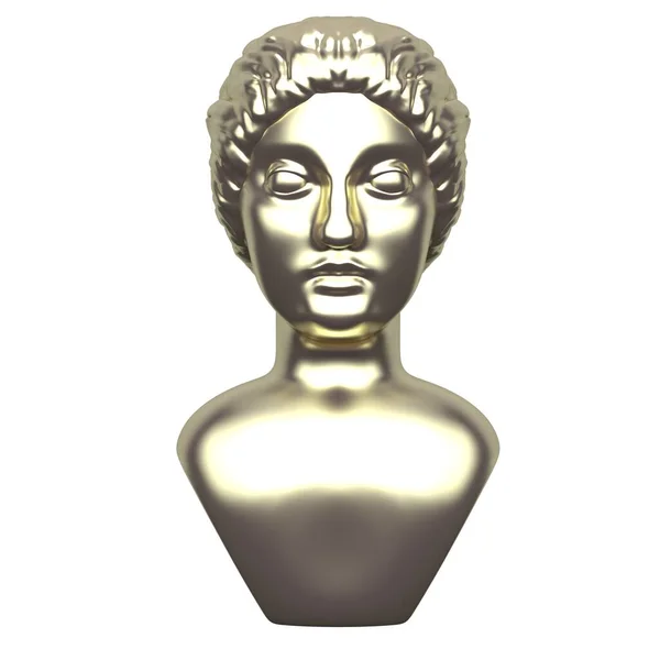 Estátua antiga dourada de uma cabeça feminina sobre um fundo branco. Renderização 3d — Fotografia de Stock