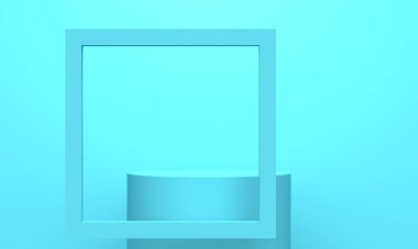 Silindirik podyum ve kare çerçeve mavi arka planda, üstten ışıklandırmalı. 3d oluşturma