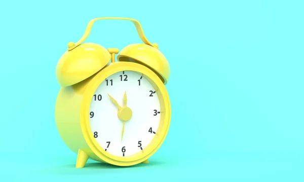 전형적 인 빈티지번쩍이는 노란색 알람 시계는 청록색 배경에 있습니다. 3d 렌더링 — 스톡 사진