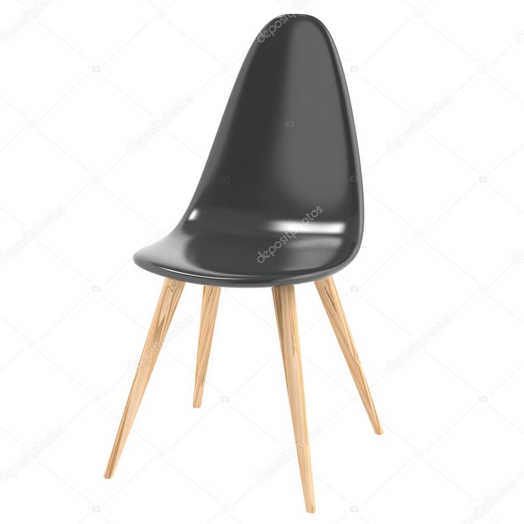 Modern wooden chair with black plastic seat. 3d rendering