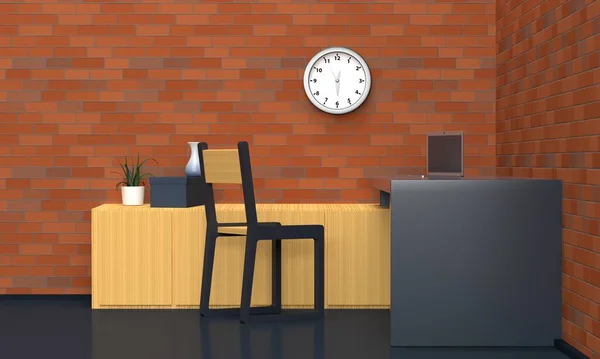Workplace interior with black table and brick red wall. 3d rendering — Stock Photo, Image